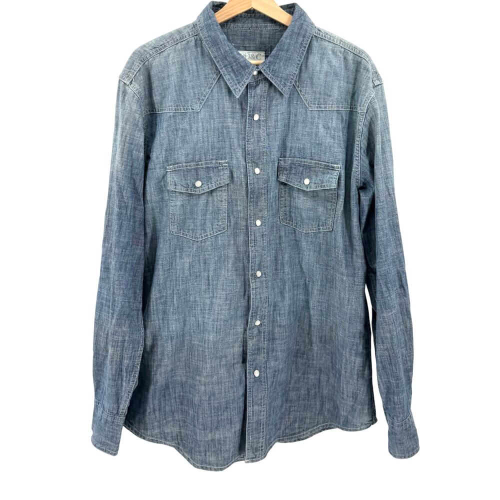 PD&C Blue Denim Chambray 100% Cotton Pearl Snap Western Button Down Shirt